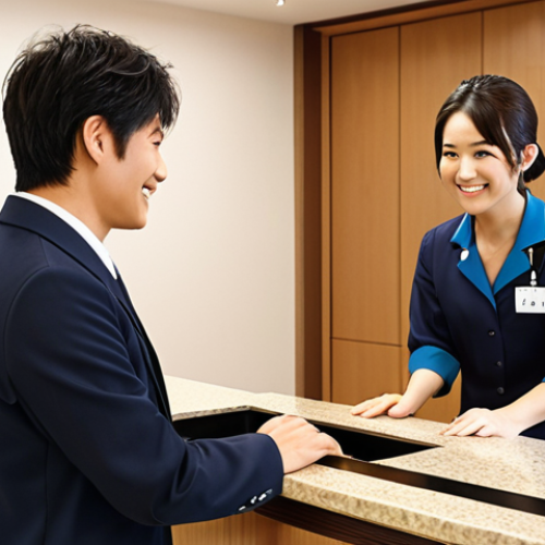 ** A friendly apartment building front desk clerk assisting a resident with a smile. Focus on conveying a sense of helpfulness and community. Include elements that suggest a well-maintained building (clean lobby, organized information). Keywords: *mansion front desk, apartment concierge, resident assistance, customer service, friendly, well-maintained, Japan*.

**