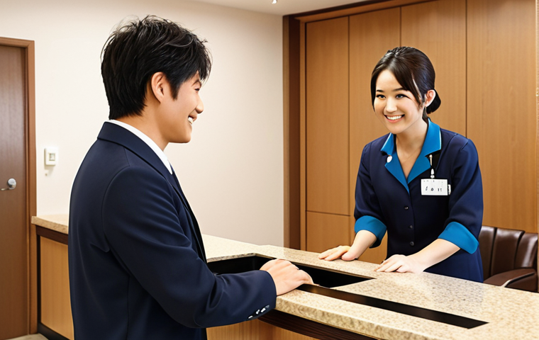 ** A friendly apartment building front desk clerk assisting a resident with a smile. Focus on conveying a sense of helpfulness and community. Include elements that suggest a well-maintained building (clean lobby, organized information). Keywords: *mansion front desk, apartment concierge, resident assistance, customer service, friendly, well-maintained, Japan*.

**