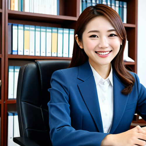 **

A professional Japanese woman in a modest business suit, sitting at a desk in a modern office filled with study materials. She is smiling confidently. Bookshelves are in the background. Fully clothed, appropriate attire, safe for work, perfect anatomy, natural proportions, professional photography, high quality, family-friendly.

**