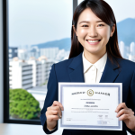 **

"A professional Japanese woman, maybe in her 30s, dressed in a modest business suit, smiling confidently while holding a マンション管理士 (mansion manager) certificate. Background is a modern, bright office space with a blurred cityscape visible through the window. Fully clothed, appropriate attire, safe for work, perfect anatomy, natural proportions, professional lighting, high quality, family-friendly."

**