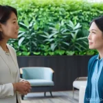 주택관리사와 시설 관리자의 업무 차이 - **A Japanese female condominium manager in her late 30s, dressed in a smart business casual outfit, ...