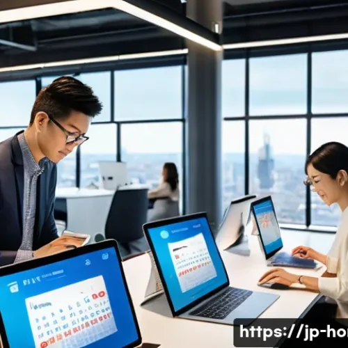 주택관리사 필수 앱 및 도구 추천 - A modern office workspace scene featuring a diverse team of Japanese professionals actively using mu...