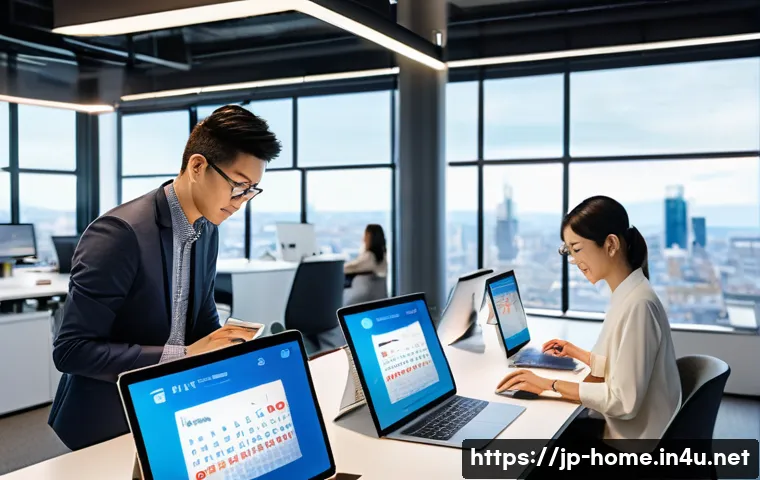 주택관리사 필수 앱 및 도구 추천 - A modern office workspace scene featuring a diverse team of Japanese professionals actively using mu...