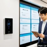 주택관리사 시험 이후의 과정 정리 - A modern Japanese apartment building lobby equipped with smart home technology, featuring sleek smar...