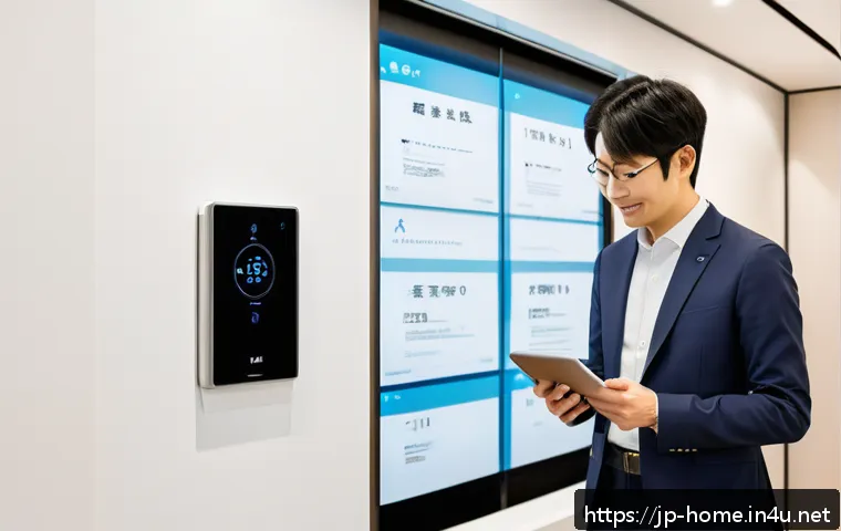 주택관리사 시험 이후의 과정 정리 - A modern Japanese apartment building lobby equipped with smart home technology, featuring sleek smar...
