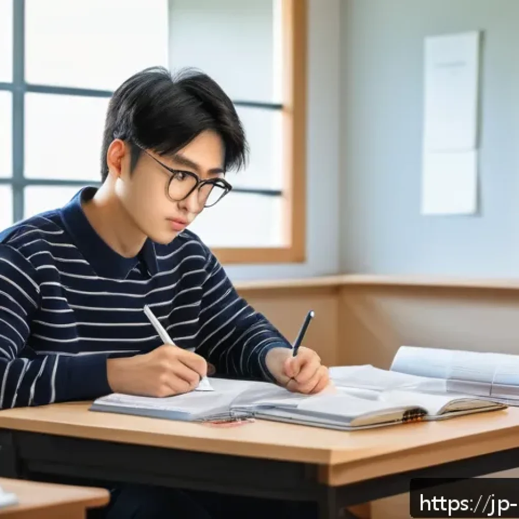주택관리사 모의고사 활용법 - A focused Japanese adult student sitting at a tidy desk in a quiet modern room, wearing casual cloth...