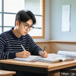 주택관리사 모의고사 활용법 - A focused Japanese adult student sitting at a tidy desk in a quiet modern room, wearing casual cloth...