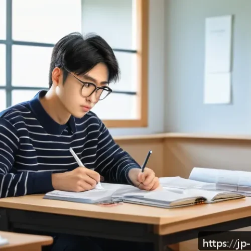 주택관리사 모의고사 활용법 - A focused Japanese adult student sitting at a tidy desk in a quiet modern room, wearing casual cloth...