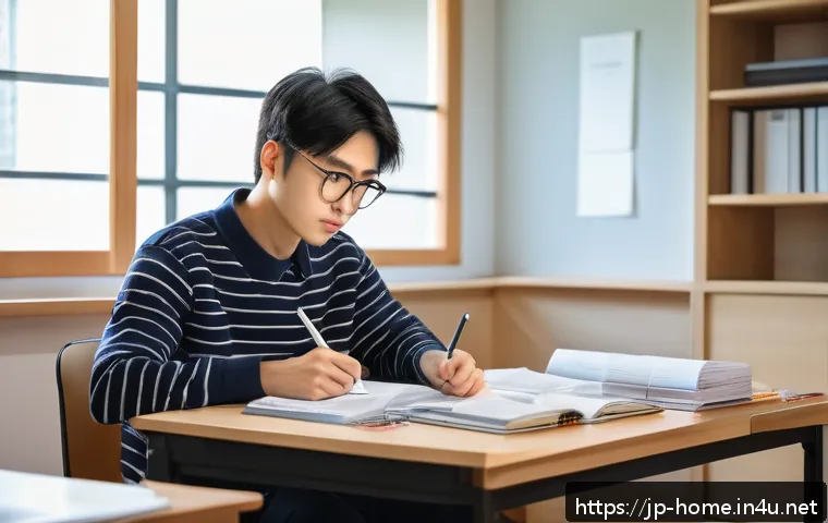 주택관리사 모의고사 활용법 - A focused Japanese adult student sitting at a tidy desk in a quiet modern room, wearing casual cloth...